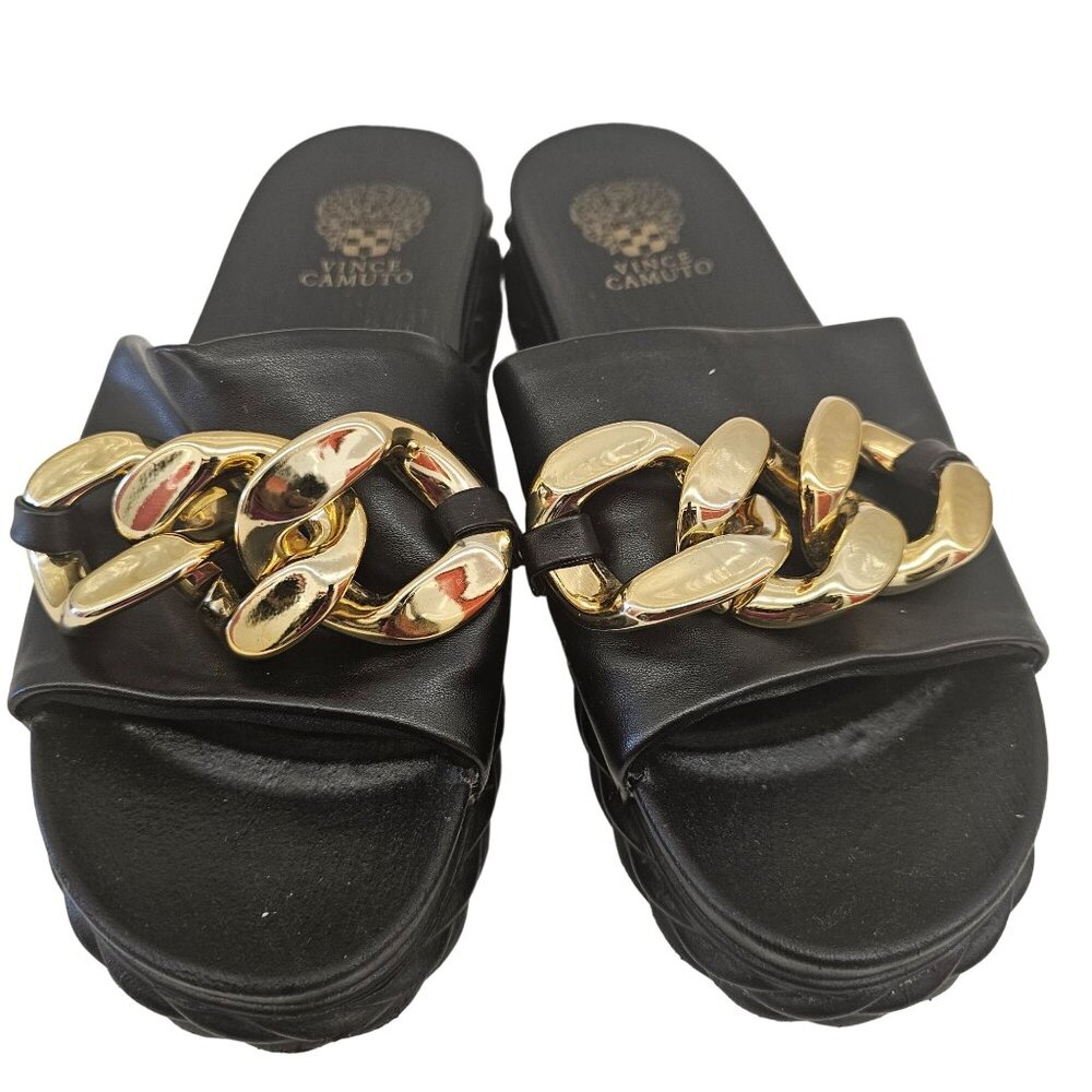 Vince Camuto Black Slides With Gold Chain Detail - Size 10